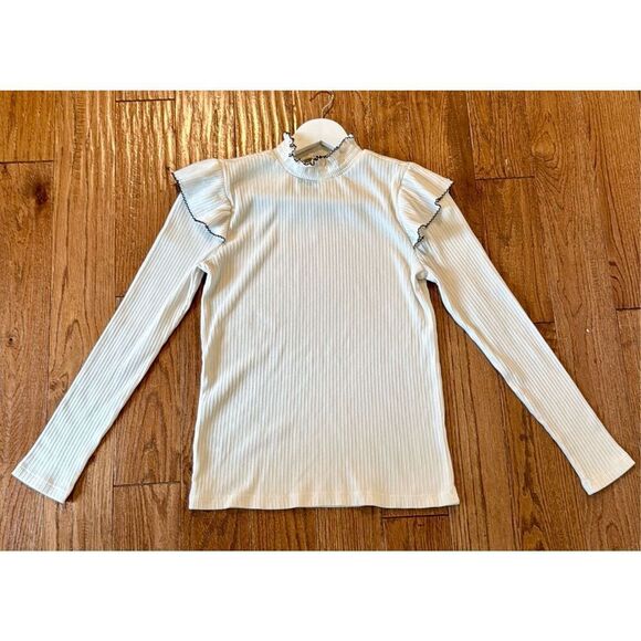Loft pointelle white ribbed ruffle sleeve top size medium - Picture 9 of 9